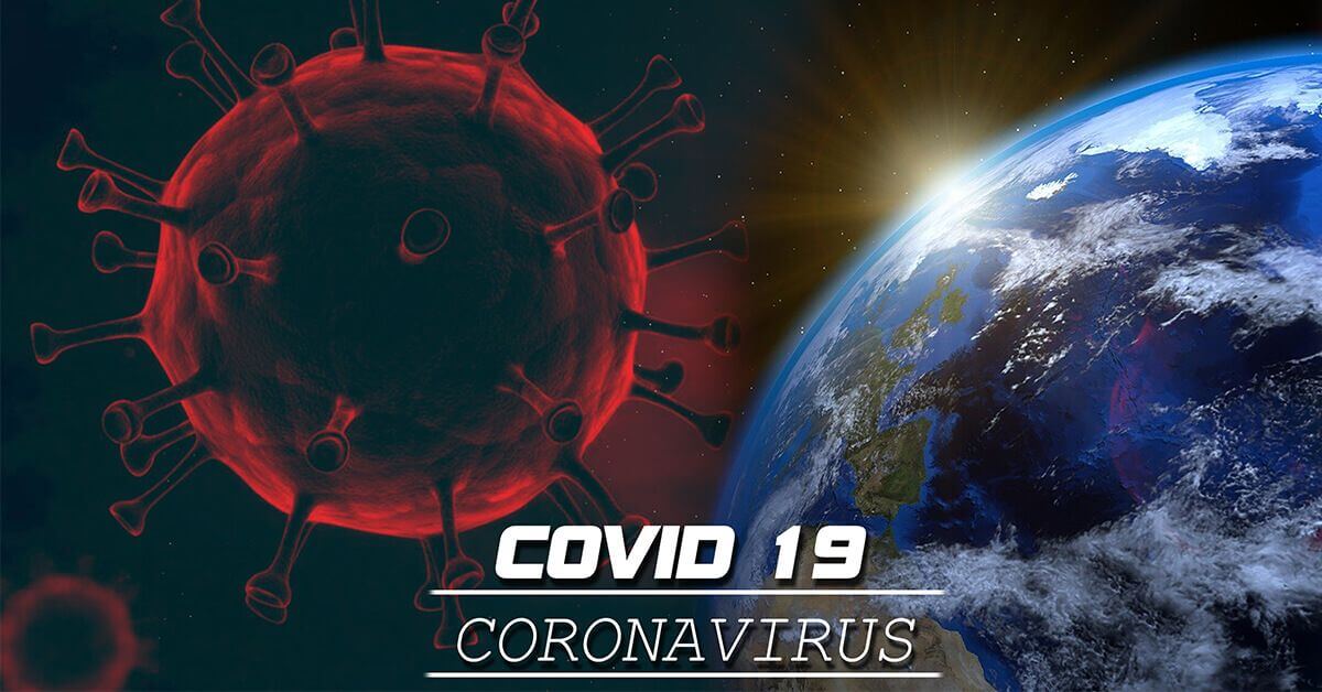 Illustrated image of Covid 19 next to a world globe