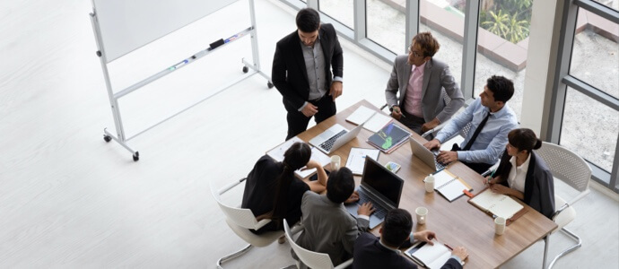 Professionals meet in a modern conference room