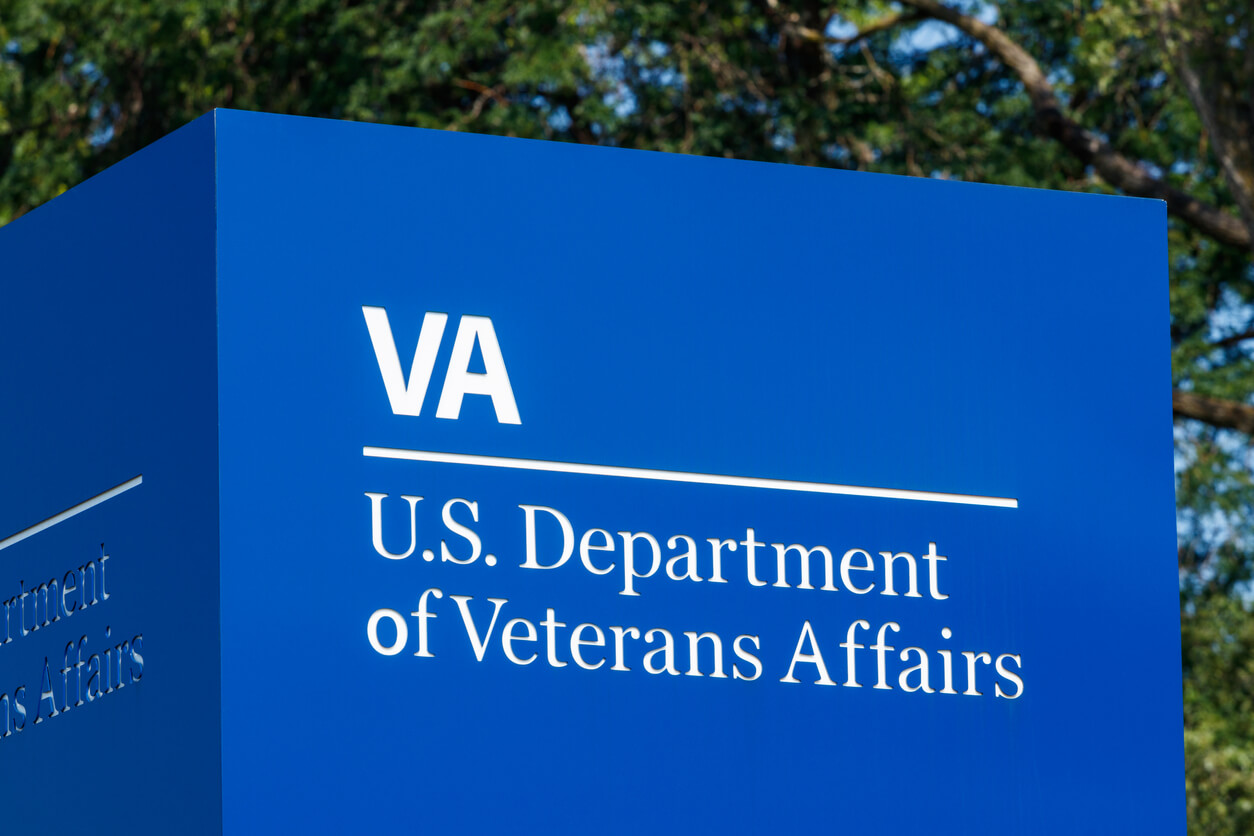 Signage and logo of the U.S. Department of Veterans Affairs. The VA provides healthcare services to military veterans III